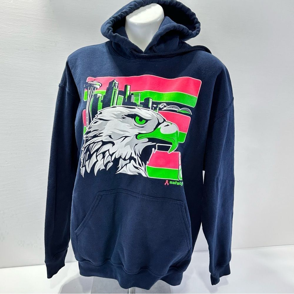 Gildan Seattle Hoodie Size L Safety Shirtz Navy Blue Pink Green Graphic